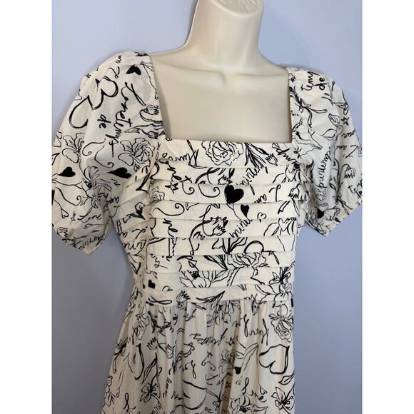 Japna Square Neck Puff Sleeve Midi Dress Black Cream Floral Women's M - Picture 14 of 15